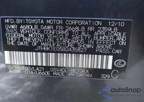 2011 Lexus Es 350 from USA, damaged, VIN JTHBK1EG5B2435827
